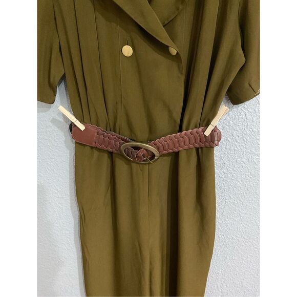 Vintage 70’s jumpsuit Army green gold buttons belt Sz 14 Imported fabric linen/ - Picture 4 of 8